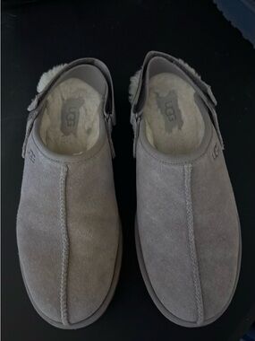 UGG Suede platform Shearling Slip-On Clogs in light grey.